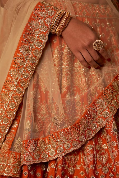Shop Angad Singh Orange Silk, Crepe Sequins, Zari Embroidered Bridal Lehenga Set Online at Aza Fashions Shop_Angad Singh_Orange Silk, Crepe Sequins, Zari Embroidered Bridal Lehenga Set _Online_at_Aza_Fashions