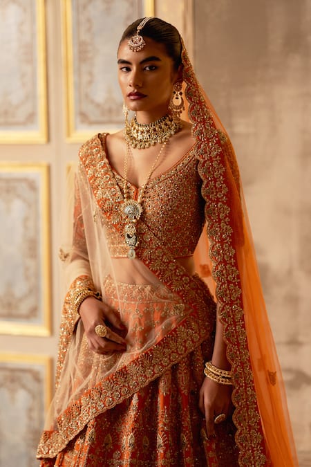 Angad Singh Orange Silk, Crepe Sequins, Zari Embroidered Bridal Lehenga Set at Aza Fashions Angad Singh_Orange Silk, Crepe Sequins, Zari Embroidered Bridal Lehenga Set _at_Aza_Fashions