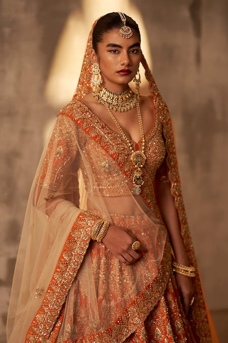 Buy Angad Singh Orange Silk, Crepe Sequins, Zari Embroidered Bridal Lehenga Set Buy_Angad Singh_Orange Silk, Crepe Sequins, Zari Embroidered Bridal Lehenga Set