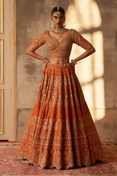 Shop Angad Singh Orange Silk, Crepe Sequins, Zari Embroidered Bridal Lehenga Set Shop_Angad Singh_Orange Silk, Crepe Sequins, Zari Embroidered Bridal Lehenga Set