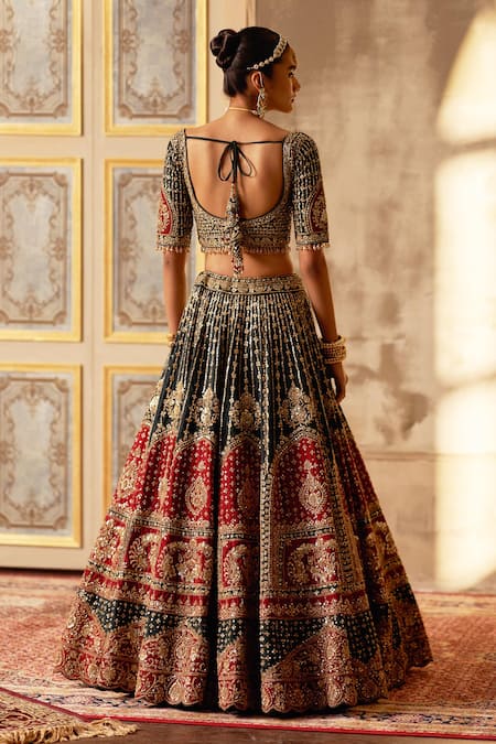 Angad Singh Green Silk, Crepe Embroidery, Zari, Sequins Floral Zardozi Lehenga Set Online at Aza Fashions Angad Singh_Green Silk, Crepe Embroidery, Zari, Sequins Floral Zardozi Lehenga Set _Online_at_Aza_Fashions