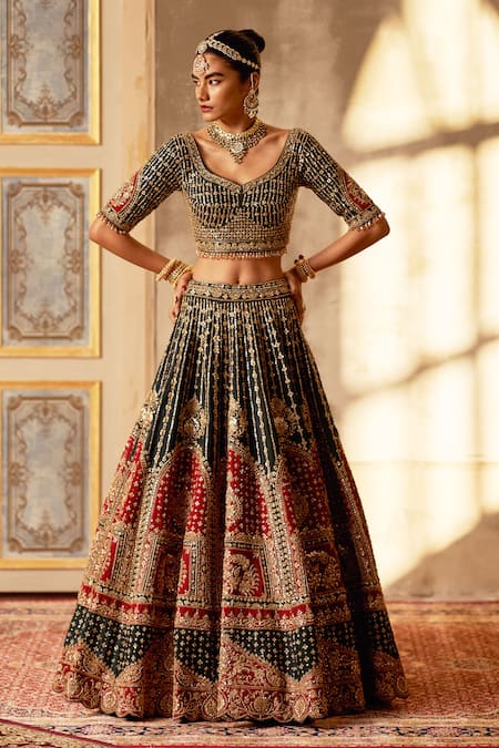 Buy Angad Singh Green Silk, Crepe Embroidery, Zari, Sequins Floral Zardozi Lehenga Set Buy_Angad Singh_Green Silk, Crepe Embroidery, Zari, Sequins Floral Zardozi Lehenga Set