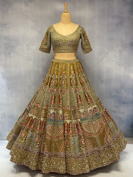 Buy Angad Singh Green Silk, Crepe Embroidery Mughal Lehenga Set Online at Aza Fashions Buy_Angad Singh_Green Silk, Crepe Embroidery Mughal Lehenga Set _Online_at_Aza_Fashions