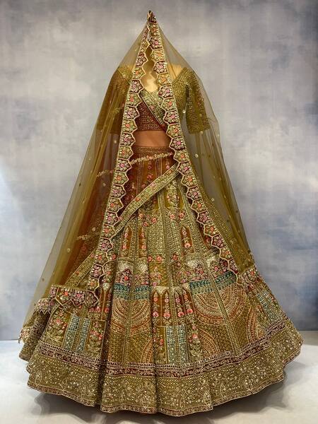 Angad Singh Green Silk, Crepe Embroidery Mughal Lehenga Set at Aza Fashions Angad Singh_Green Silk, Crepe Embroidery Mughal Lehenga Set _at_Aza_Fashions