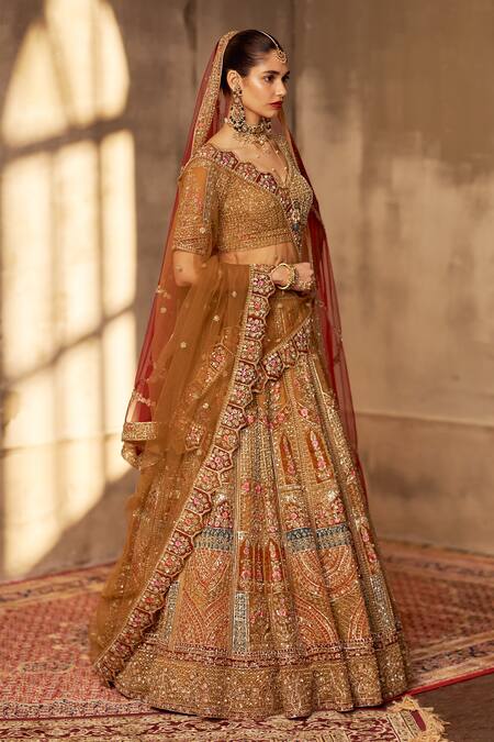 Shop Angad Singh Green Silk, Crepe Embroidery Mughal Lehenga Set Shop_Angad Singh_Green Silk, Crepe Embroidery Mughal Lehenga Set