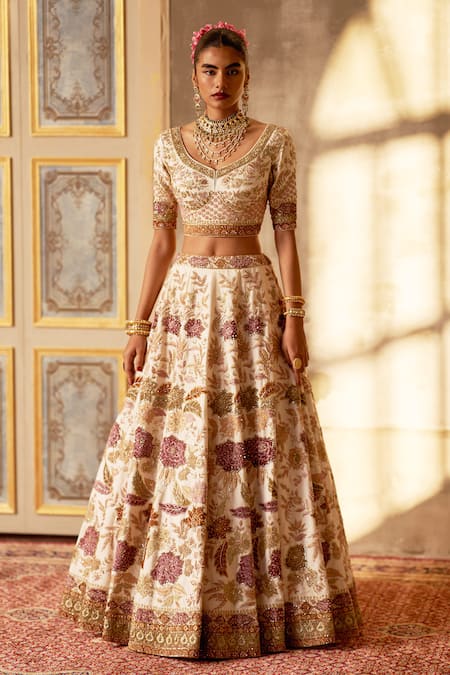 Shop Angad Singh Ivory Silk, Crepe Embroidery, Zari, Sequins Bridal Lehenga Set Online at Aza Fashions Shop_Angad Singh_Ivory Silk, Crepe Embroidery, Zari, Sequins Bridal Lehenga Set _Online_at_Aza_Fashions