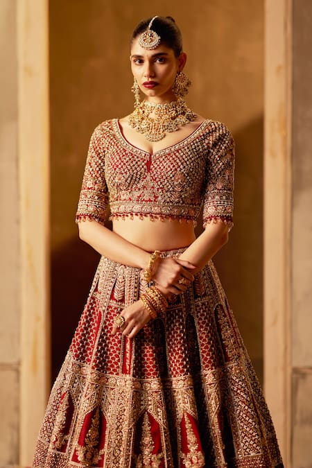 Buy_Angad Singh_Maroon Silk, Crepe Sequins, Zari, Embroidery Bridal Lehenga Set _Online_at_Aza_Fashions