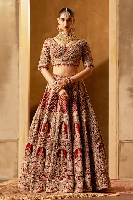 Shop_Angad Singh_Maroon Silk, Crepe Sequins, Zari, Embroidery Bridal Lehenga Set _Online_at_Aza_Fashions