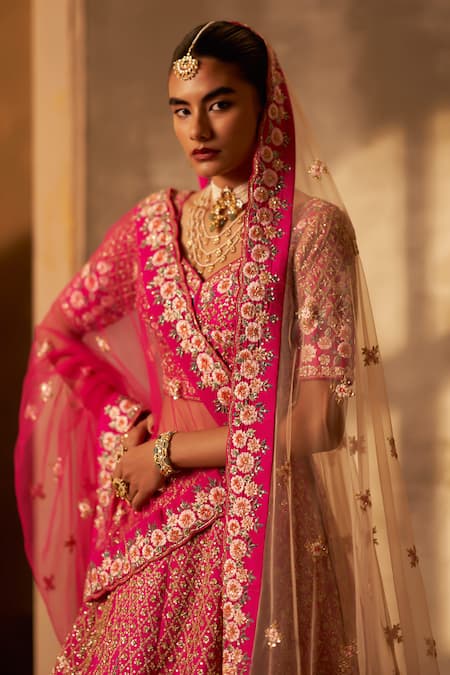 Angad Singh Pink Silk, Crepe Embroidery, Sequins, Zari Floral Zardozi Lehenga Set Online at Aza Fashions Angad Singh_Pink Silk, Crepe Embroidery, Sequins, Zari Floral Zardozi Lehenga Set _Online_at_Aza_Fashions