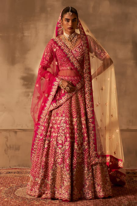 Angad Singh Pink Silk, Crepe Embroidery, Sequins, Zari Floral Zardozi Lehenga Set at Aza Fashions Angad Singh_Pink Silk, Crepe Embroidery, Sequins, Zari Floral Zardozi Lehenga Set _at_Aza_Fashions