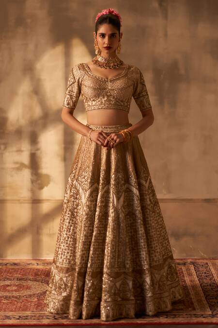 Buy_Angad Singh_Ivory Silk, Crepe Zari, Sequins, Embroidery Asymmetric Mughal Lehenga Set _Online_at_Aza_Fashions
