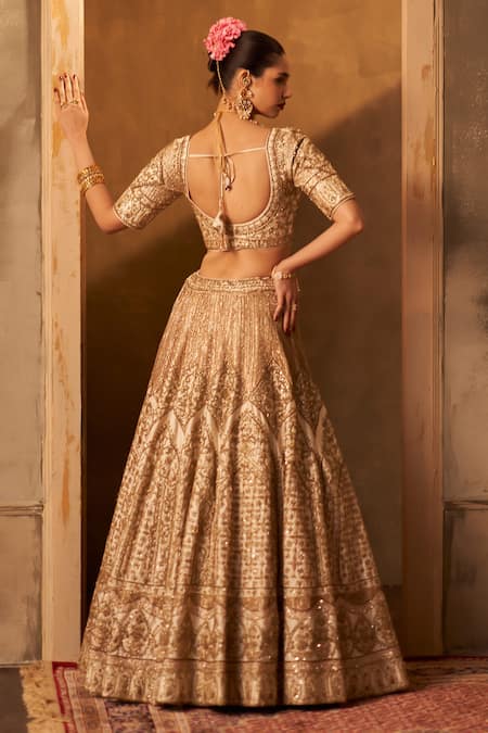 Angad Singh_Ivory Silk, Crepe Zari, Sequins, Embroidery Asymmetric Mughal Lehenga Set _Online_at_Aza_Fashions