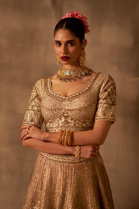 Shop_Angad Singh_Ivory Silk, Crepe Zari, Sequins, Embroidery Asymmetric Mughal Lehenga Set _Online_at_Aza_Fashions