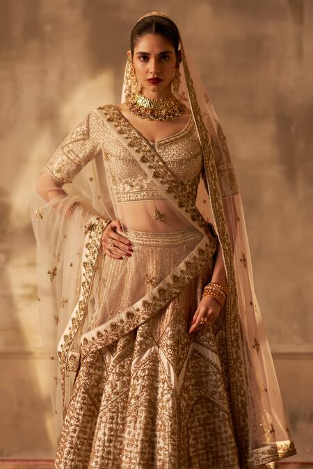 Angad Singh_Ivory Silk, Crepe Zari, Sequins, Embroidery Asymmetric Mughal Lehenga Set _at_Aza_Fashions