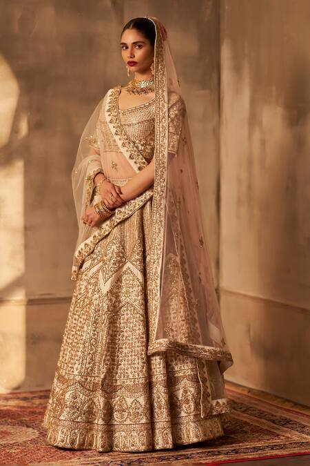 Buy_Angad Singh_Ivory Silk, Crepe Zari, Sequins, Embroidery Asymmetric Mughal Lehenga Set 