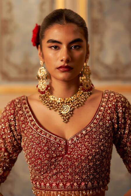 Buy_Angad Singh_Maroon Silk, Crepe, Chiffon Sequins, Zari, Embroidery Mughal Lehenga Set _Online_at_Aza_Fashions