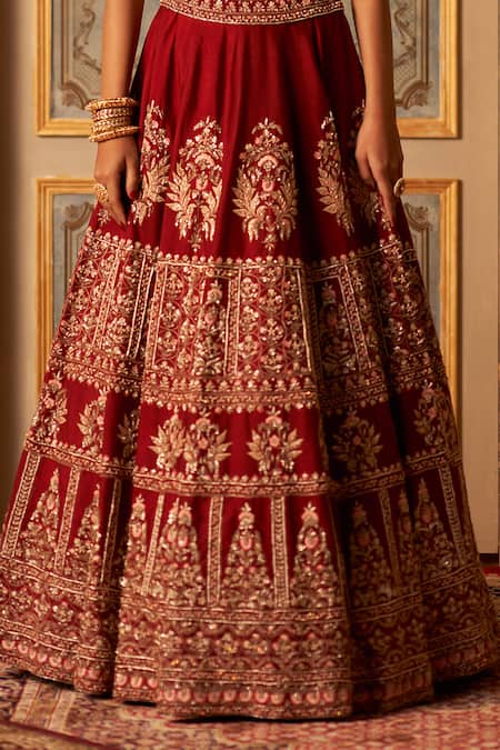 Shop_Angad Singh_Maroon Silk, Crepe, Chiffon Sequins, Zari, Embroidery Mughal Lehenga Set _Online_at_Aza_Fashions