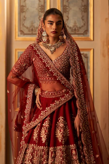 Angad Singh_Maroon Silk, Crepe, Chiffon Sequins, Zari, Embroidery Mughal Lehenga Set _at_Aza_Fashions