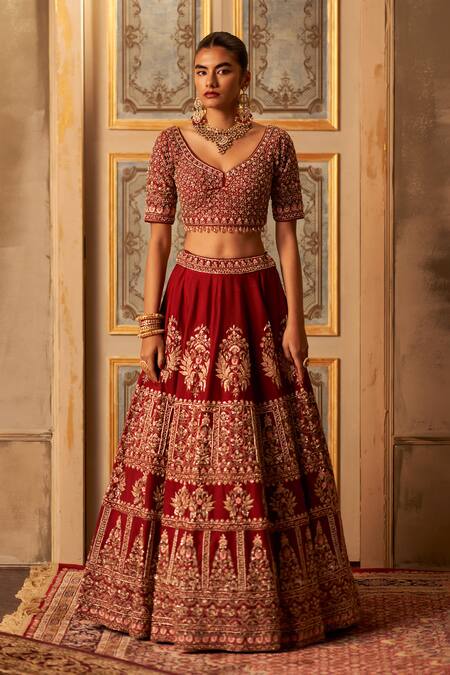 Buy_Angad Singh_Maroon Silk, Crepe, Chiffon Sequins, Zari, Embroidery Mughal Lehenga Set 