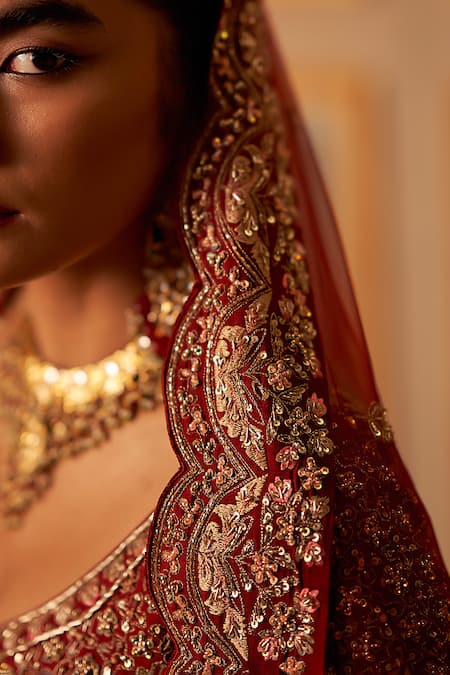 Shop_Angad Singh_Maroon Silk, Crepe, Chiffon Sequins, Zari, Embroidery Mughal Lehenga Set 