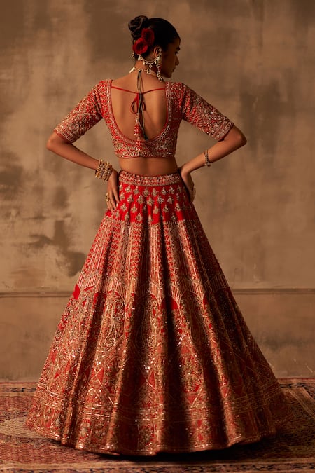 Angad Singh Red Silk, Crepe, Chiffon Embroidery, Zari, Sequins Paisley Bridal Lehenga Set Online at Aza Fashions Angad Singh_Red Silk, Crepe, Chiffon Embroidery, Zari, Sequins Paisley Bridal Lehenga Set _Online_at_Aza_Fashions