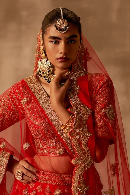 Shop Angad Singh Red Silk, Crepe, Chiffon Embroidery, Zari, Sequins Paisley Bridal Lehenga Set Shop_Angad Singh_Red Silk, Crepe, Chiffon Embroidery, Zari, Sequins Paisley Bridal Lehenga Set