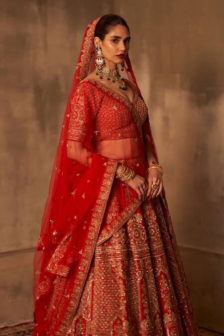 Buy_Angad Singh_Red Silk, Crepe Embroidery, Zari, Sequins Floral Bridal Lehenga Set _Online_at_Aza_Fashions