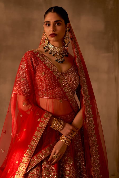 Shop_Angad Singh_Red Silk, Crepe Embroidery, Zari, Sequins Floral Bridal Lehenga Set _Online_at_Aza_Fashions