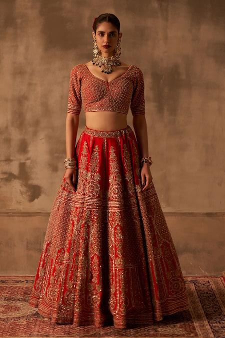 Angad Singh_Red Silk, Crepe Embroidery, Zari, Sequins Floral Bridal Lehenga Set _at_Aza_Fashions