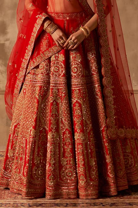 Buy_Angad Singh_Red Silk, Crepe Embroidery, Zari, Sequins Floral Bridal Lehenga Set 