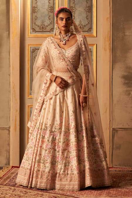 Shop Angad Singh Ivory Silk, Crepe Sequins, Zari, Embroidery Open Floral Bridal Lehenga Set Online at Aza Fashions Shop_Angad Singh_Ivory Silk, Crepe Sequins, Zari, Embroidery Open Floral Bridal Lehenga Set _Online_at_Aza_Fashions
