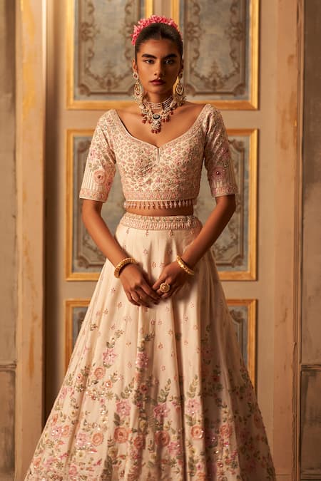 Angad Singh Ivory Silk, Crepe Sequins, Zari, Embroidery Open Floral Bridal Lehenga Set at Aza Fashions Angad Singh_Ivory Silk, Crepe Sequins, Zari, Embroidery Open Floral Bridal Lehenga Set _at_Aza_Fashions