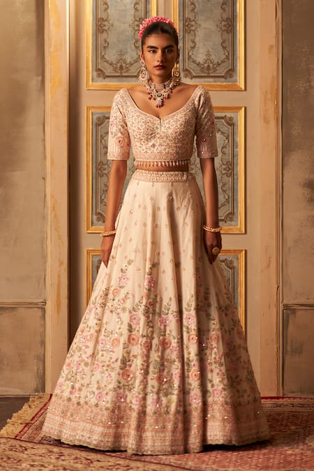 Buy Angad Singh Ivory Silk, Crepe Sequins, Zari, Embroidery Open Floral Bridal Lehenga Set Buy_Angad Singh_Ivory Silk, Crepe Sequins, Zari, Embroidery Open Floral Bridal Lehenga Set