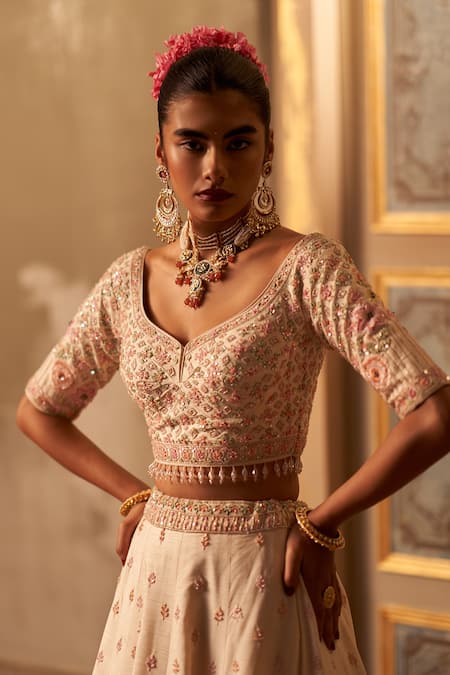 Shop Angad Singh Ivory Silk, Crepe Sequins, Zari, Embroidery Open Floral Bridal Lehenga Set Shop_Angad Singh_Ivory Silk, Crepe Sequins, Zari, Embroidery Open Floral Bridal Lehenga Set