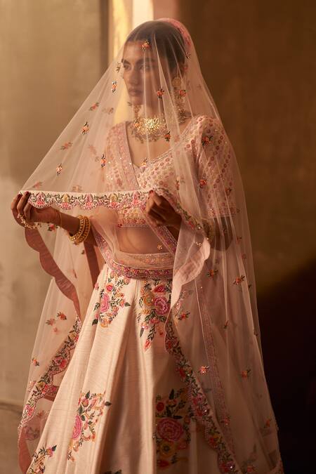 Buy Angad Singh Pink Silk, Crepe Embroidery, Sequins Asymmetric Floral Lehenga Set Online at Aza Fashions Buy_Angad Singh_Pink Silk, Crepe Embroidery, Sequins Asymmetric Floral Lehenga Set _Online_at_Aza_Fashions