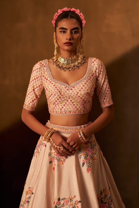 Shop Angad Singh Pink Silk, Crepe Embroidery, Sequins Asymmetric Floral Lehenga Set Online at Aza Fashions Shop_Angad Singh_Pink Silk, Crepe Embroidery, Sequins Asymmetric Floral Lehenga Set _Online_at_Aza_Fashions