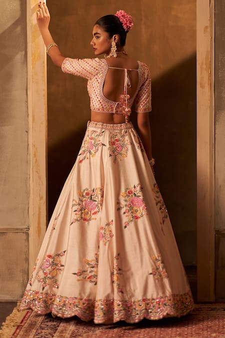 Shop Angad Singh Pink Silk, Crepe Embroidery, Sequins Asymmetric Floral Lehenga Set at Aza Fashions Shop_Angad Singh_Pink Silk, Crepe Embroidery, Sequins Asymmetric Floral Lehenga Set _at_Aza_Fashions
