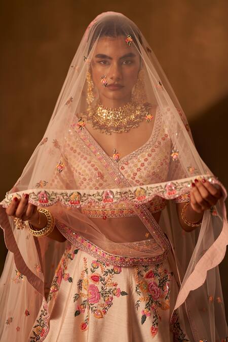 Buy Angad Singh Pink Silk, Crepe Embroidery, Sequins Asymmetric Floral Lehenga Set Buy_Angad Singh_Pink Silk, Crepe Embroidery, Sequins Asymmetric Floral Lehenga Set