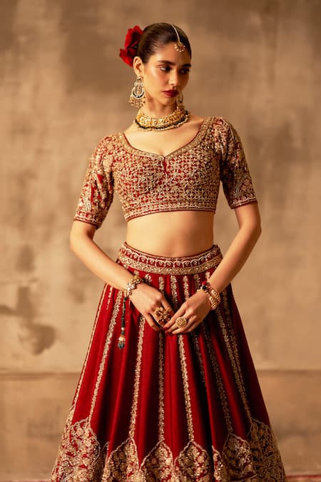 Buy_Angad Singh_Maroon Silk, Crepe, Chiffon Sequins, Zari, Embroidery Mughal Stripe Lehenga Set _Online_at_Aza_Fashions