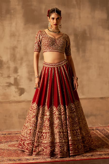 Shop_Angad Singh_Maroon Silk, Crepe, Chiffon Sequins, Zari, Embroidery Mughal Stripe Lehenga Set _Online_at_Aza_Fashions