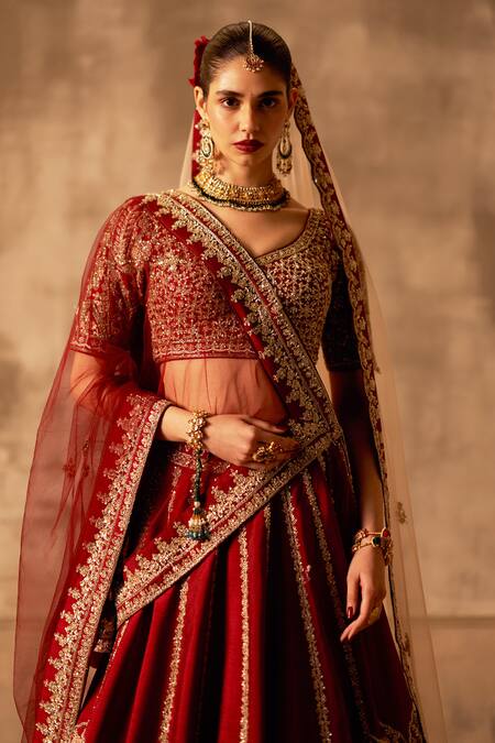 Angad Singh_Maroon Silk, Crepe, Chiffon Sequins, Zari, Embroidery Mughal Stripe Lehenga Set _at_Aza_Fashions