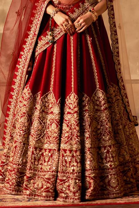 Buy_Angad Singh_Maroon Silk, Crepe, Chiffon Sequins, Zari, Embroidery Mughal Stripe Lehenga Set 