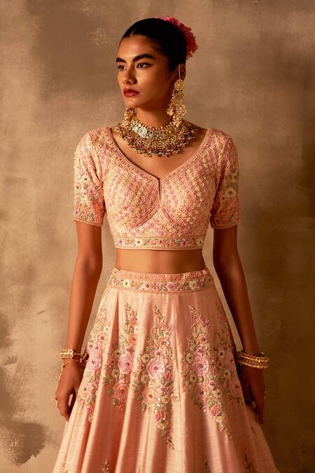 Buy_Angad Singh_Peach Silk, Crepe, Chiffon Sequins, Zari, Embroidery Bridal Lehenga Set _Online_at_Aza_Fashions