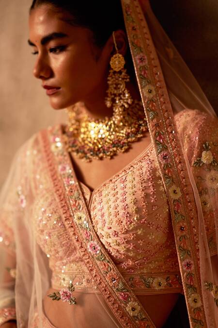 Shop_Angad Singh_Peach Silk, Crepe, Chiffon Sequins, Zari, Embroidery Bridal Lehenga Set _Online_at_Aza_Fashions