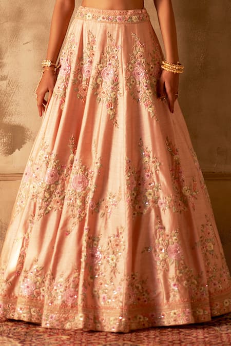 Angad Singh_Peach Silk, Crepe, Chiffon Sequins, Zari, Embroidery Bridal Lehenga Set _at_Aza_Fashions