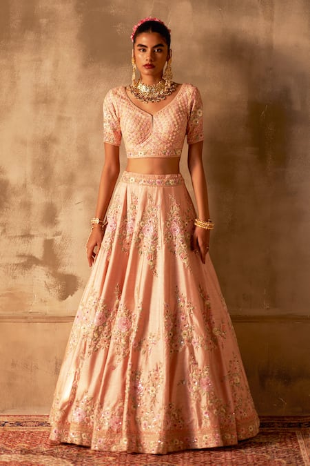 Buy_Angad Singh_Peach Silk, Crepe, Chiffon Sequins, Zari, Embroidery Bridal Lehenga Set 