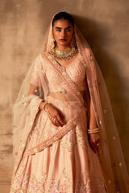 Shop_Angad Singh_Peach Silk, Crepe, Chiffon Sequins, Zari, Embroidery Bridal Lehenga Set 