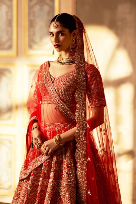 Angad Singh Red Silk, Crepe Embroidery, Sequins, Zari Designer Zardozi Lehenga Set at Aza Fashions Angad Singh_Red Silk, Crepe Embroidery, Sequins, Zari Designer Zardozi Lehenga Set _at_Aza_Fashions