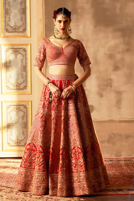 Angad Singh Red Silk, Crepe Embroidery, Sequins, Zari Designer Zardozi Lehenga Set Online at Aza Fashions Angad Singh_Red Silk, Crepe Embroidery, Sequins, Zari Designer Zardozi Lehenga Set _Online_at_Aza_Fashions