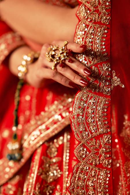 Shop Angad Singh Red Silk, Crepe Embroidery, Sequins, Zari Designer Zardozi Lehenga Set Shop_Angad Singh_Red Silk, Crepe Embroidery, Sequins, Zari Designer Zardozi Lehenga Set